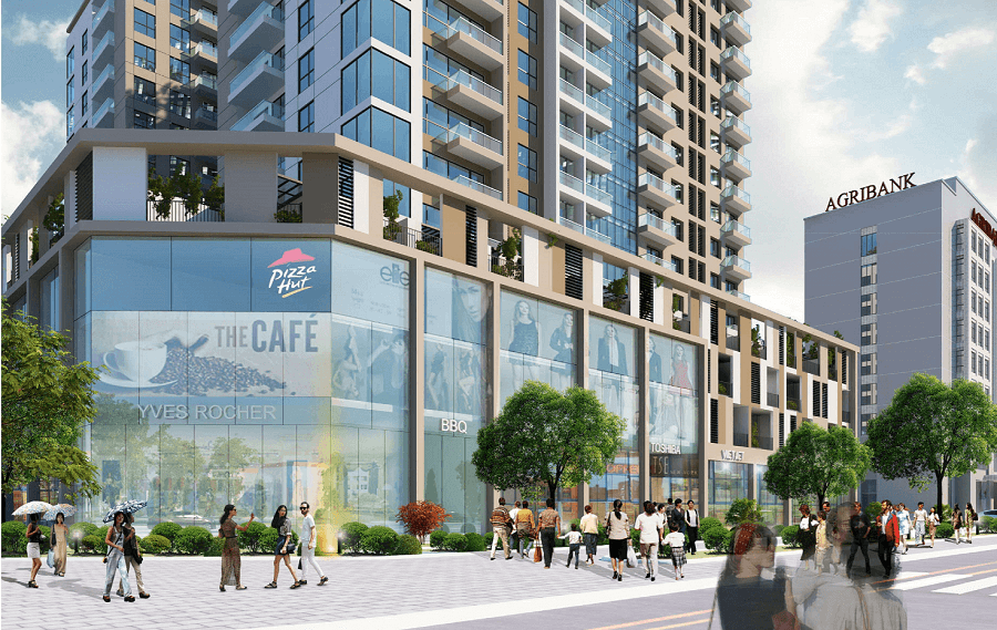 The shopping mall is located right at the base of the development